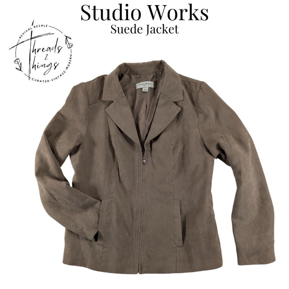Studio Works Jacket Women's 4p Faux Suede Beige Riding Zip Lined Pockets Classic